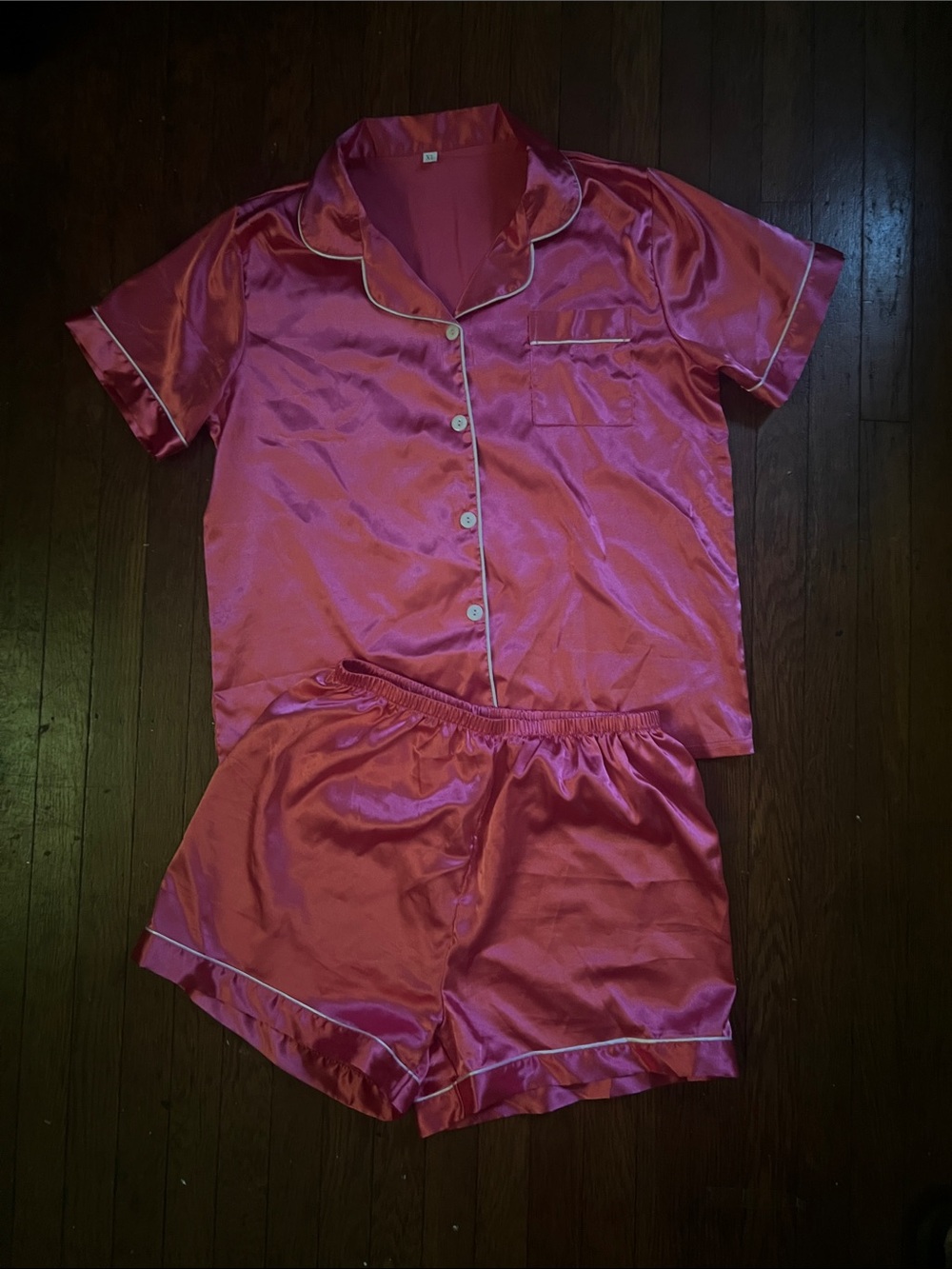 SHEIN Hot Pink Satin Short Sleeve Pajama Set with White Piping